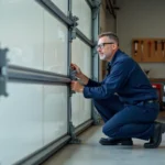 Technicien en uniforme inspectant les rails et le mécanisme d'une porte sectionnelle électrique dans un garage