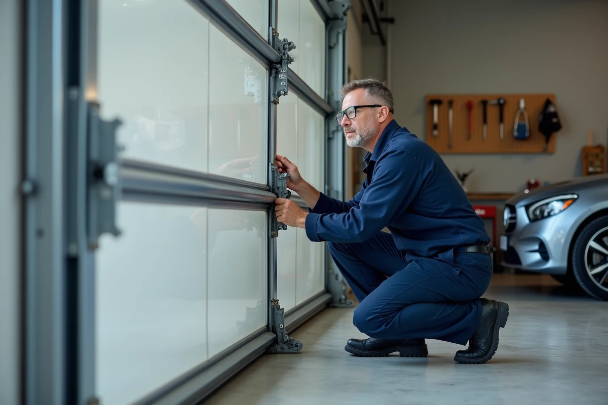 Technicien en uniforme inspectant les rails et le mécanisme d'une porte sectionnelle électrique dans un garage