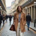 Femme parisienne élégante portant un manteau camel oversize et un pantalon large ivoire sur un boulevard haussmannien en automne