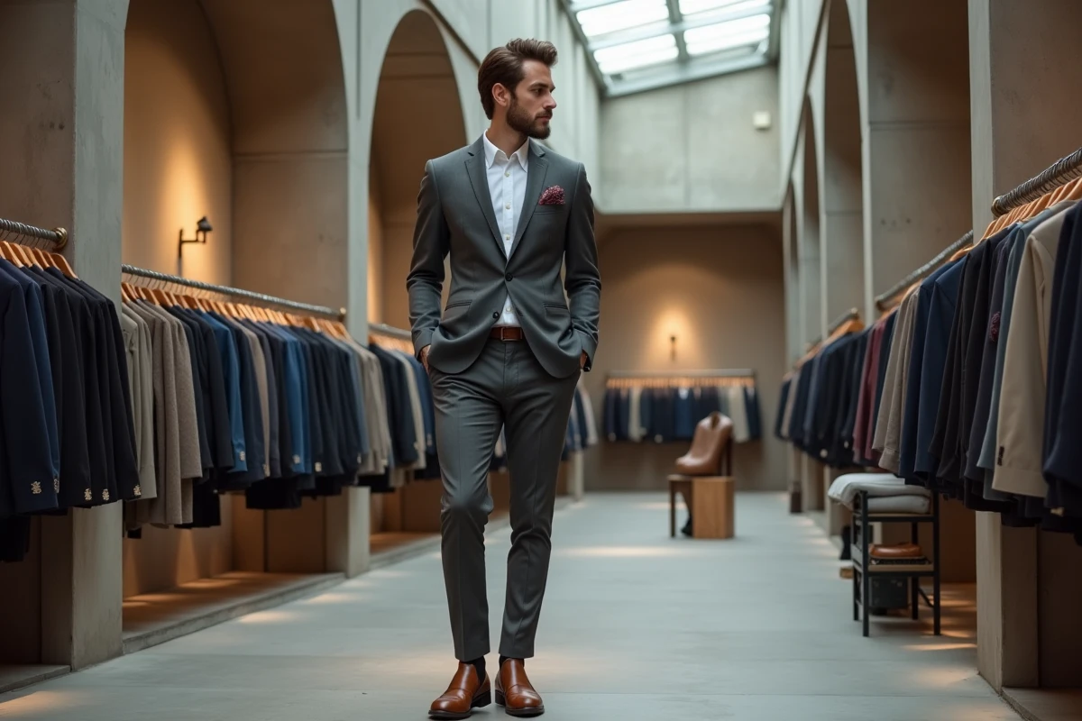 Homme élégant en costume rayé charbon explorant les tendances mode dans un concept store minimaliste du Marais à Paris