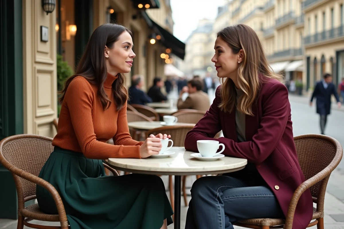 Deux femmes aux styles complémentaires discutant à la terrasse d'un café parisien classique, illustrant les tendances mode saisonnières