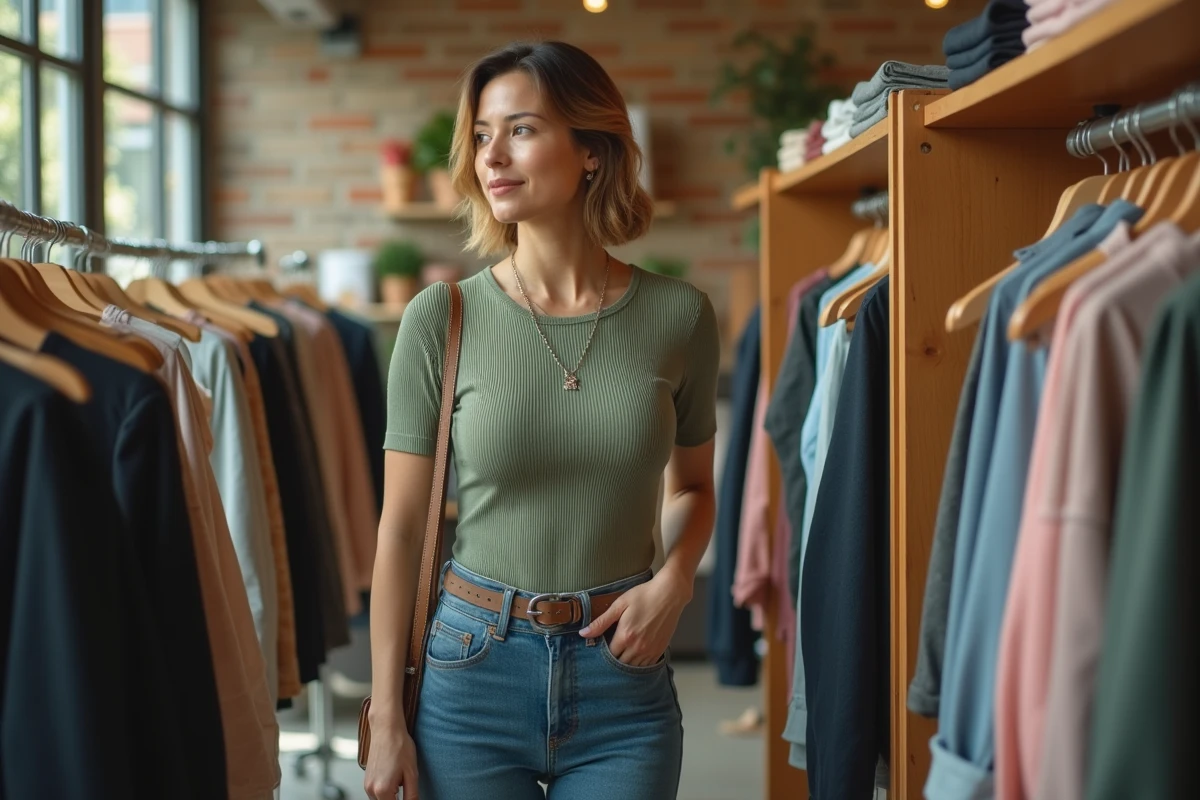 Femme en haut côtelé vert sauge et jean droit dans une boutique de mode, tenue casual chic pour 23 degrés