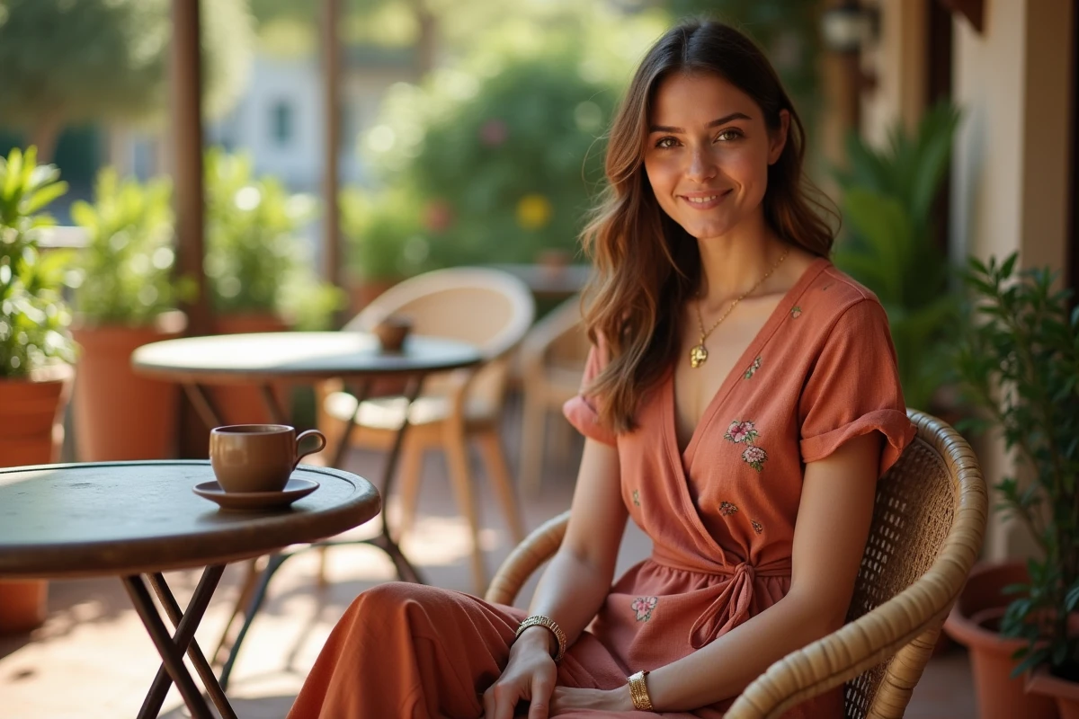 Femme assise en terrasse portant une robe midi en coton terracotta adaptée à une météo de 23 degrés