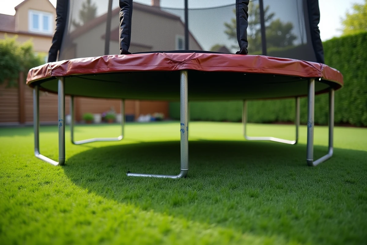 Trampoline installé sur du gazon artificiel dans un jardin avec filet de sécurité