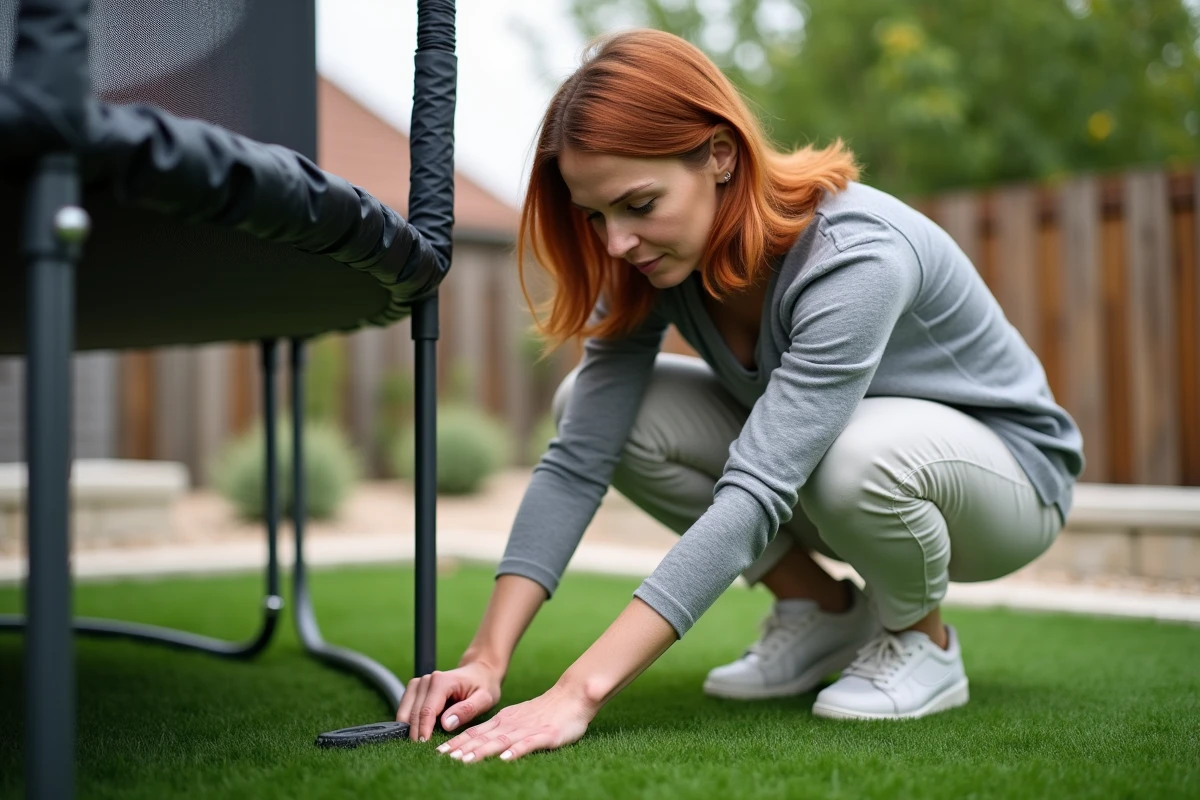 Femme inspectant les pieds d'un trampoline sur gazon artificiel pour éviter les dommages