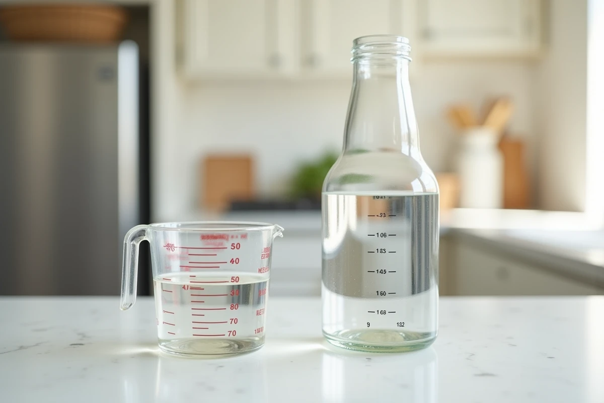 Gros plan sur un verre doseur de 400 ml et une bouteille d'un litre posés côte à côte sur un plan de travail blanc pour illustrer la conversion de volumes